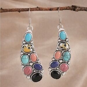 Vintage Natural Stones Earrings – Turquoise Coral Onyx Gem Dangles